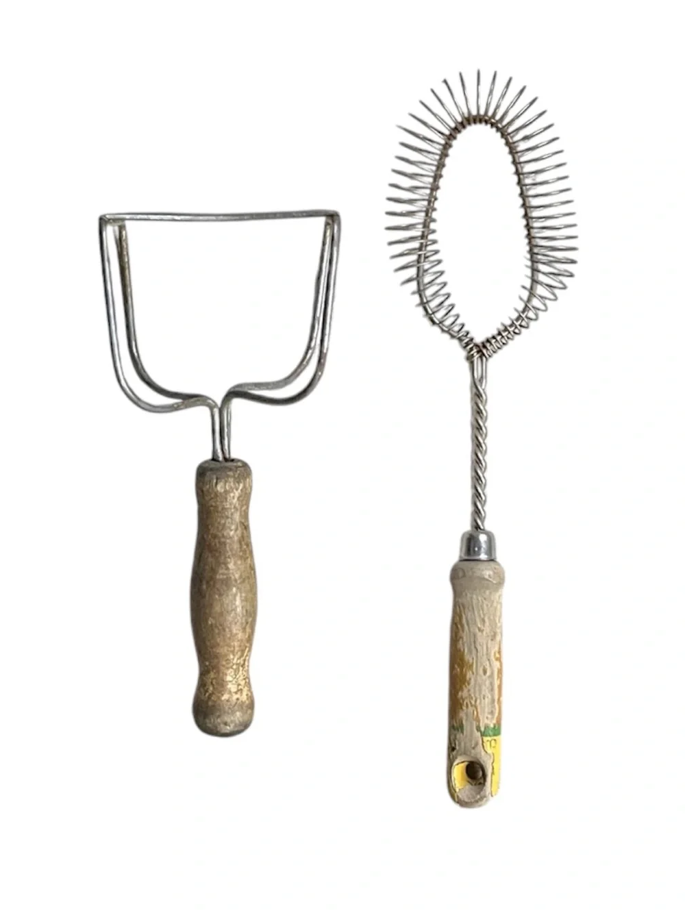 Vintage Wood Handle Coiled Wire Beater Whisk & Potato Masher